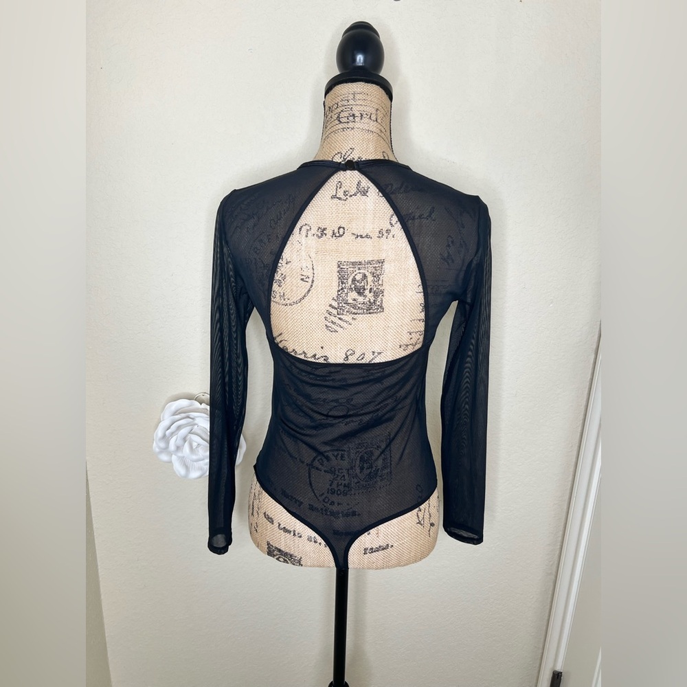 NTM: Auden Black Sheer Long Sleeve Thong Back Pullover Style Bodysuit Sz Medium - Picture 10 of 16